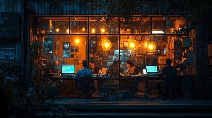 Poster - Late-night team collaboration in a cozy workspace illuminated by warm lights in an urban setting