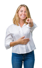 Beautiful young business woman over isolated background Laughing of you, pointing to the camera with finger hand over chest, shame expression