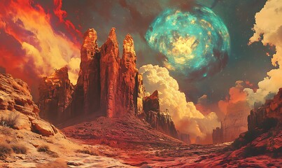 Poster - A  Celestial Body Glowing Over Red Rock Formations