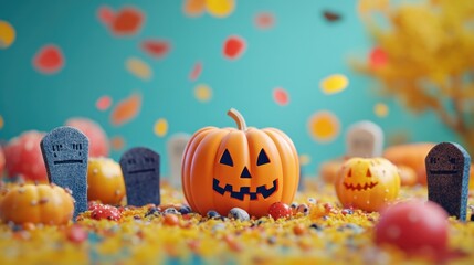 Sticker - A pumpkin with a scary face is surrounded by other pumpkins and gravestones