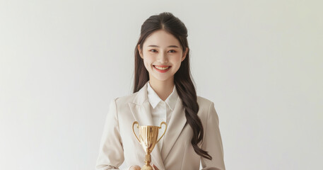 Wall Mural - Asian adolescent, dressed in crisp pastel suit and white shirt, laughs joyfully while holding a gold trophy, signifying her hard work and academic achievement on white background.