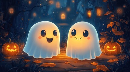 Wall Mural - Two ghostly figures are smiling and standing in front of a pumpkin patch