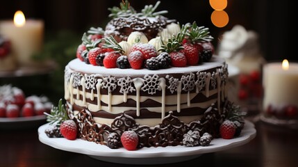 Wall Mural - chocolate christmas cake for party with fondant.