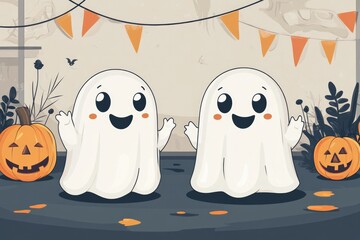 Wall Mural - Two white ghosts are standing next to each other in front of a pumpkin