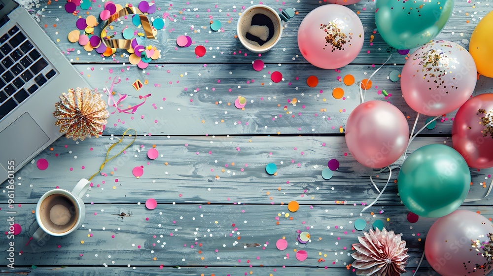 The concept of online celebration, with party balloons and confetti on ...