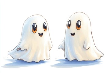 Sticker - Two white ghosts are smiling and looking at the camera