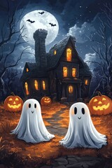 Sticker - A Halloween themed painting of a house with two white ghosts and pumpkins