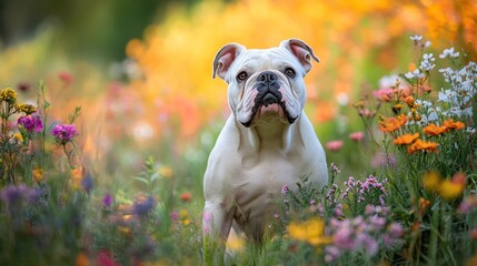 Wall Mural - A white bulldog stands amidst a vibrant flower field, showcasing nature's beauty.