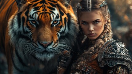 Medieval warrior woman accompanied by a tiger ready to hunt background wallpaper AI generated image