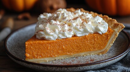 Pumpkin pie, tart made for Thanksgiving day with whipped cream on a white plate. Grey stone background