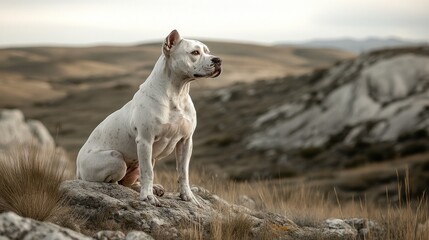 A white dog sits proudly on a rock in a scenic landscape.