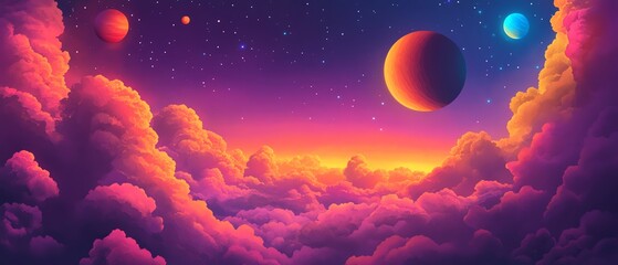 Wall Mural - Pink and Orange Clouds with Planets and Stars