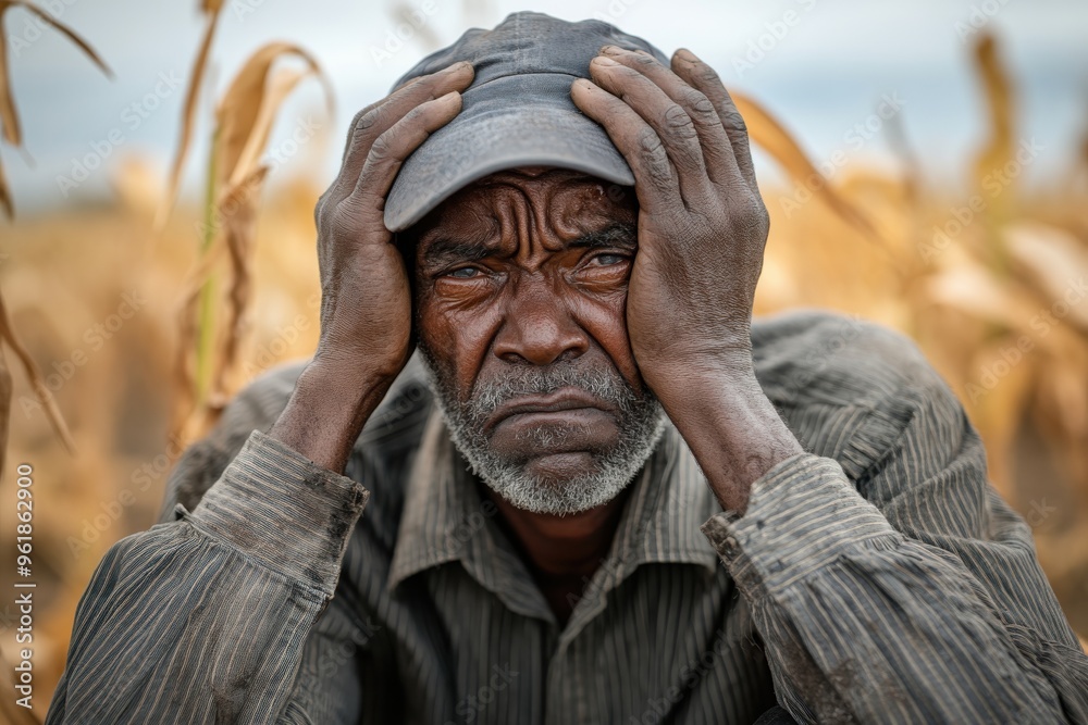 A despaired farmer sits in a cornfield holding his head, reflecting on ...