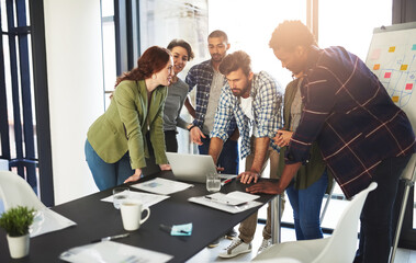 Aufkleber - Business people, laptop and collaboration with content creation team and tech strategy, Planning, conversation and web news staff with article schedule and meeting with SEO update for company website