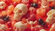 © Zhanna - An engaging mix of Halloween candy featuring white skulls, black spiders, and assorted red and orange treats. Set against a warm red-orange background, this image evokes the festive and eerie spirit