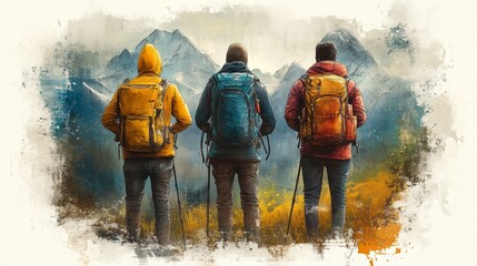 This vibrant illustration captures a trio of travelers outfitted with backpacks as they stand amidst a golden field, gazing upon a majestic mountain range shrouded in mist.