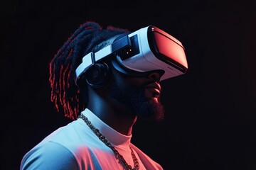 African American Gamers. African American Man in VR Goggles Exploring Virtual Reality Innovation