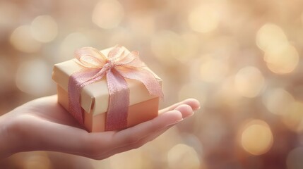 Elegant Hand Holding a Small Gift Box: A close-up of a delicate hand holding a small, wrapped gift box with a ribbon, set against a soft, blurred background.
