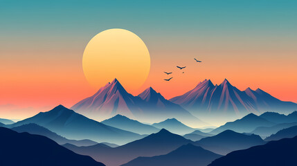 A mountain range with a large sun in the sky. Mountain Range. Illustration