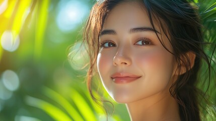 Wall Mural - portrait of an asian woman applying sunscreen, outdoor setting with greenery, sun-kissed skin, natur