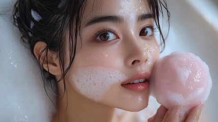 A young Asian woman using a facial cleansing brush, focus on smooth and clear skin, modern bathroom, white and pastel colors, copy space for stock photo with minimal concept, No logo, No Trademark,