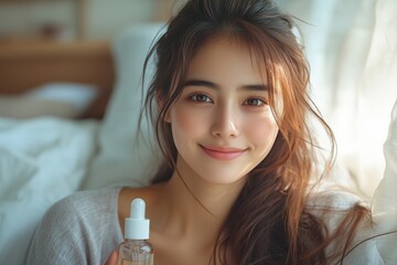 Wall Mural - Portrait of an Asian woman with a bright smile, holding a bottle of facial mist, natural light, soft and airy bedroom setting, copy space for stock photo with minimal concept, No logo, No Trademark,