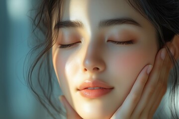 Wall Mural - asian woman gently patting her face with a facial essence, serene expression, soft morning light, fo