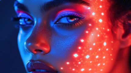 Wall Mural - stylized portrait of a woman with holographic makeup, glowing geometric patterns on her face, surrea