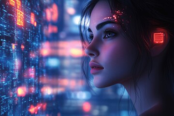 Wall Mural - a woman in a sleek, futuristic cityscape, surrounded by holographic advertisements, neon blues and p