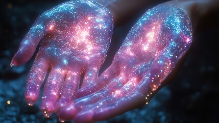 Wall Mural - close-up of hands adorned with intricate ai-generated jewelry, glowing, high-tech, hyper-realistic, 