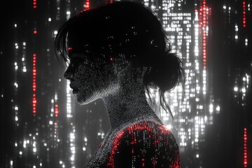 Wall Mural - elegant woman in a minimalist environment, wearing a dress made of digital code patterns, futuristic