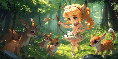 Wall Mural - A girl with a bow and arrow in a forest