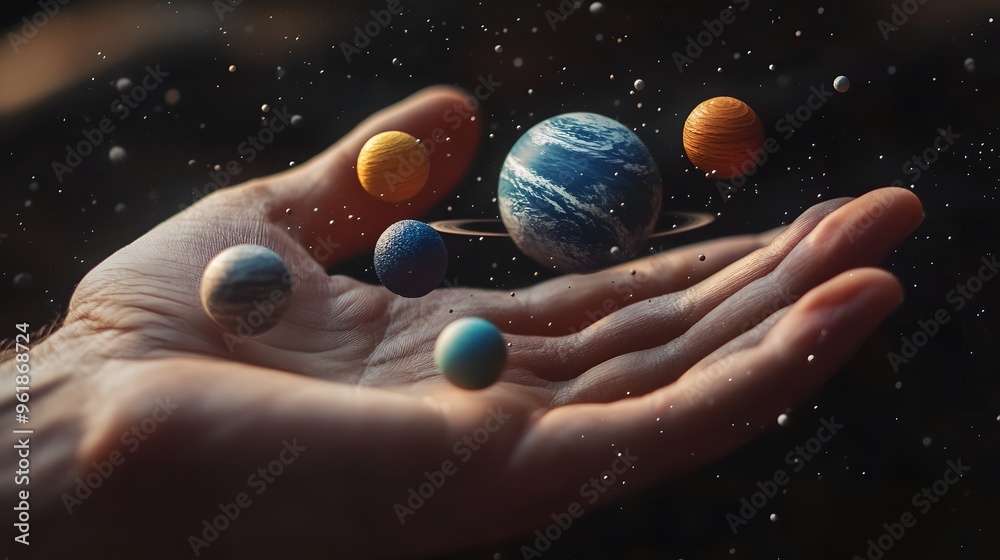 Hand Creating a Solar System: A hand forming a miniature solar system ...