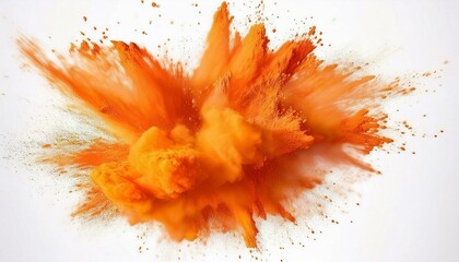 Bright orange paint color powder festival explosion burst isolated white background.