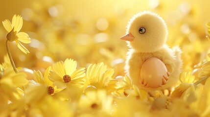 A cute, fluffy yellow chick with a single egg, in a field of yellow flowers.