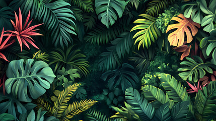 A lush jungle background with dense foliage and vibrant tropical plants, creating an exotic and adventurous scene. Lush Jungle. Illustration