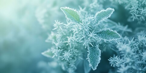 Wall Mural - Frost-covered leaves in a wintery scene.