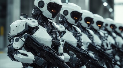 cyberpunk military army robot squad with future advanced technology modern humanoid background wallp