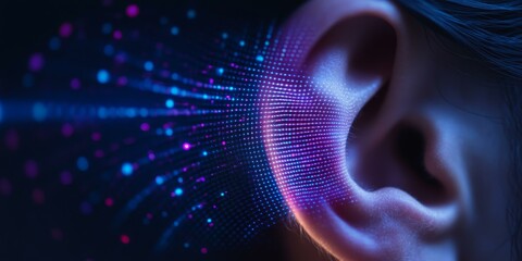 Ear illuminated with blue and pink dots.