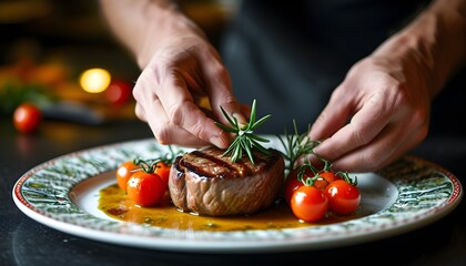 Gourmet steak garnished with fresh rosemary and vibrant cherry tomatoes on an elegant plate