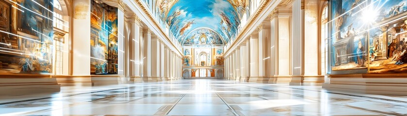 Poster - Sunlit Palace Hallway with Columns and Artworks.