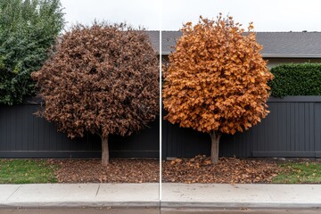 The photo shows a contrasting view of two trees - one dry and brown, and the other healthy and orange, along a black fence in a residential neighborhood.