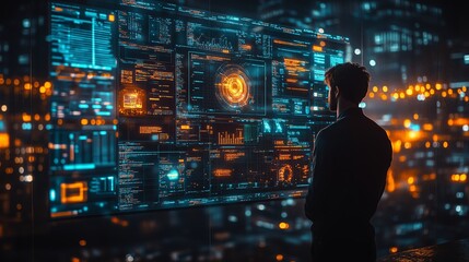 Poster - a person analyzing futuristic data on a large digital screen in a high-tech urban environment at nig