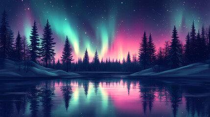 Wall Mural - Beautiful aurora northern lights in night sky with lake snow forest in winter. Aurora Borealis. Illustration