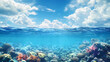 © Thiago - Above and below surface of the caribbean sea with coral reef underwater and a cloudy blue sky. Coral Reef. Illustration