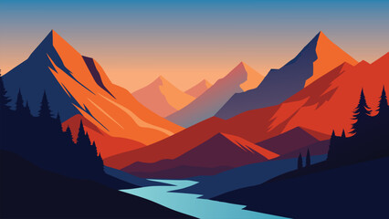  A stunning valley landscape towering mountains, highlighting the tranquility and grandeur of the natural scenery flat vector illustration