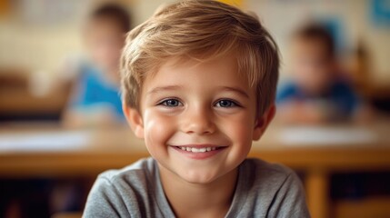 Kid At Desk Eyes. Portrait of a Funny Caucasian Schoolboy Alone at Desk with Photogenic Eyes