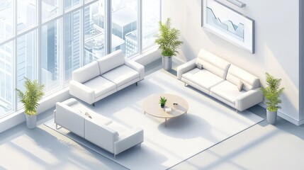 Poster - Isometric Office Cleaning. Modern Interior Design of Workplace with Meeting Room and Reception Hall in Contemporary White Office Space