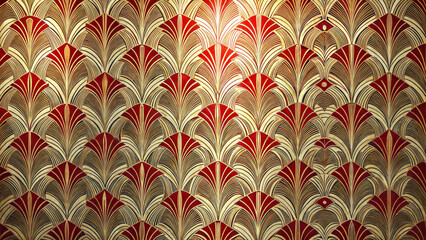 Art Deco inspired geometric pattern with gold and red colors for elegant interior and fashion design