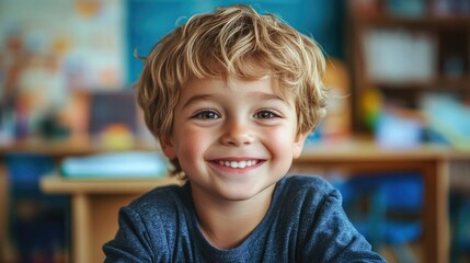 Kid At Desk Eyes. Portrait of a Happy Young Caucasian Schoolboy Smiling Alone at Classroom Desk